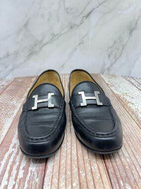Authentic Hermès Paris Black Leather Loafers Silver H Buckle Size 36.5